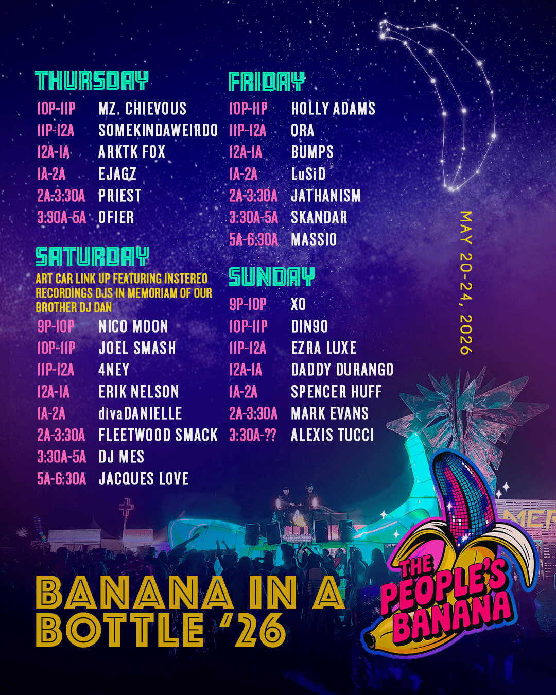 Banana in a Bottle '26 lineup poster — full set times for Thursday through Sunday, May 20–24, 2026.